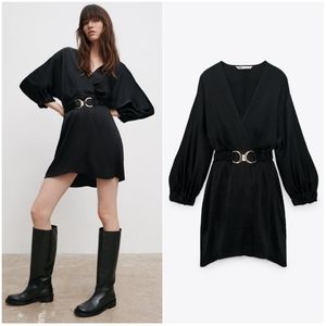 NWT ZARA | Belted Satin Effect Black Dress